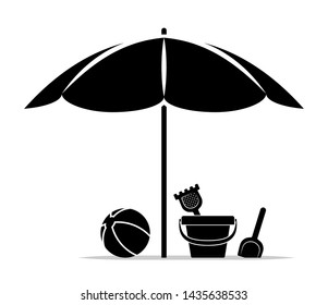 vector sand bucket and beach ball under beach umbrella isolated on white background