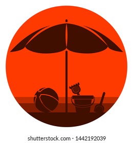 vector sand bucket and beach ball under beach umbrella on the beach on orange round