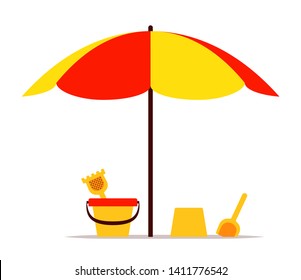 vector sand bucket under beach umbrella isolated on white background