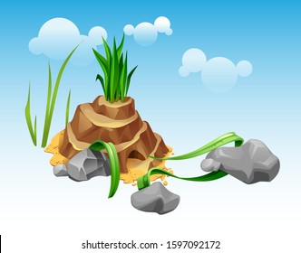 vector sand little house with stones and grass