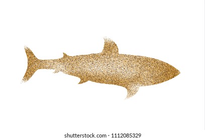 Vector sand silhouette of shark isolated on white background. Sand texture. Abstract design element. Powder paint. Sand painting.