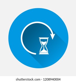 Vector Sandglass clock icon on blue background. Flat image  sandglass with long shadow. Layers grouped for easy editing illustration. For your design.