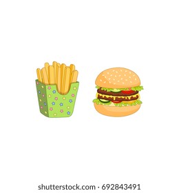 Vector sandwich, burger and french fries set. Fast food flat cartoon isolated illustration on a white background. Humburger with cheese, tomato salad lettuce and potato fry in paper box