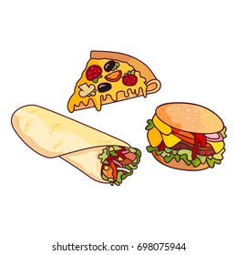 Vector sandwich burger, pizza slice doner kebab, shawarma set. Fast food flat cartoon isolated illustration on a white background. Tasty food with fresh vegetables