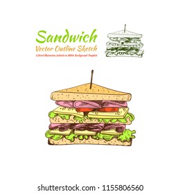 Vector Sandwich Colored and Outline Illustrations Isolated on White Background, Fast Food Icons, Sketch Style Drawing.