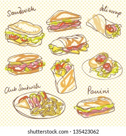 Vector sandwich doodle with background pattern