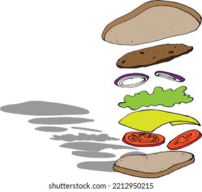 vector sandwich with the effect of separate ingredients such as tomatoes, onions, meat, cheese, celery leaves.