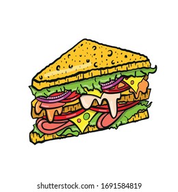 Vector Sandwich with ham, cheese, tomatoes, lettuce, and toasted bread. Isolated on white background.