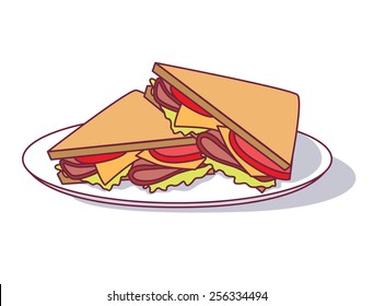 Vector sandwich with ham, cheese and vegetables on plate.