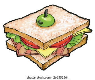 Vector Sandwich with ham tomatoes and herbs illustration - vector hand drawing illustration