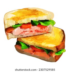 A Vector of a sandwich with meat and lettuce.
Bread, Toast, Sandwich, Tuna, Salad.
