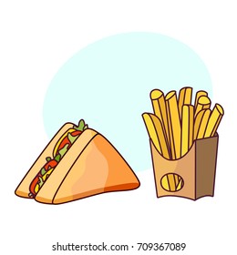 Vector sandwich potato fry set. Fast food flat cartoon isolated illustration on a white background with speech bubble