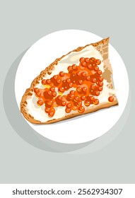 Vector sandwich with red caviar on white plate, with butter, bruschetta breakfast