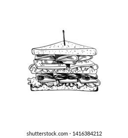 Vector Sandwich with Toothpick Sketch, Hand Drawn Illustration, Outline Black Drawing Isolated on White Background.