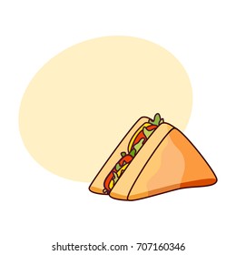Vector sandwich with vegetables. Fast food flat cartoon isolated illustration on a white background with speech bubble