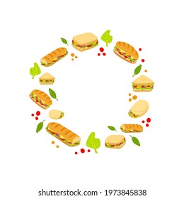 Vector sandwiches circle frame with greens isolated on white background, fast food illustration.