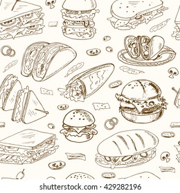 Vector Sandwiches Seamless Pattern Club Sandwich Cheeseburger Hamburger Deli Wrap Roll Taco Baguette Bagel Toast. Illustration For Menus, Recipes And Packages Product