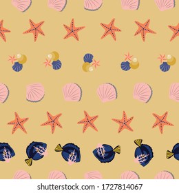 Vector Sandy Beach shells & fish from Beautiful Beach collection seamless pattern background. Modern stripe design featuring starfish and shells. Good for home decor, beach apparel and accessories.