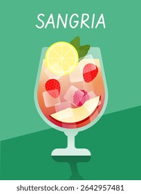 Vector Sangria glass filled with fruit pieces and red wine, on aqua green background. A great fit for wine or party-themed visuals.