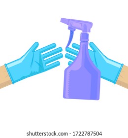 Vector Sanitizer and Medical Gloves. Wash Gel Icon. Liquid Soap with Pumping from Bottle for Disinfection. Plastic Dispenser. Cleanser for Hygiene. Hand Spray. Air Sprayer Nozzle.