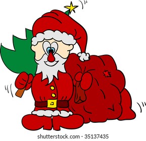 vector - Santa with bag and tree isolated on background