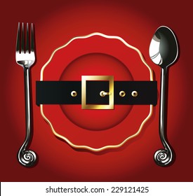 Vector of Santa belt on Red plate with fork and spoon. Christmas table setting concept. 