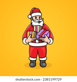 Vector of Santa carrying three gift boxes.