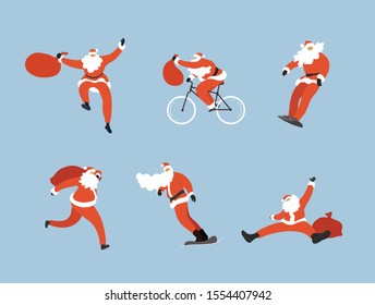Vector Santa cartoon characters set, happy poses, with gift, on bike, on snowboard, bicycle, man in a hurry to celebrate new year 