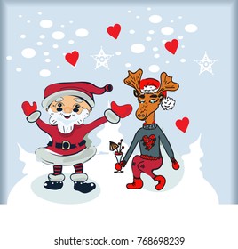 vector santa cartoon with funny santa claus and reindeer in red hat. christmas and new year background illustration