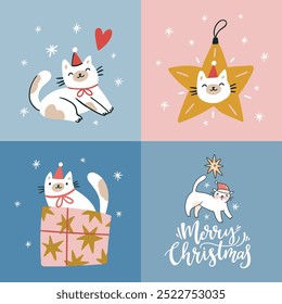 Vector santa cat Christmas illustration. Cute cat with gifts, heart, snowflakes and lettering - Merry Christmas. New year seasons wishes. Vector merry christmas greeting card design. 