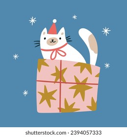 Vector santa cat illustration. Cute cat with gift box and snowflakes. Vector merry christmas card design. New year greeting card 