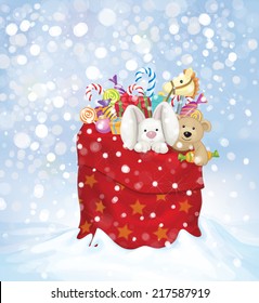 Vector Santa Claus bag full of toys and gifts on snowfall background.