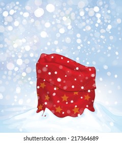 Vector Santa Claus bag on snowfall background.