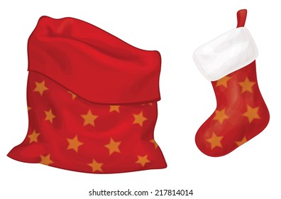 Vector Santa Claus bag  and sock isolated.