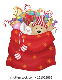 Vector Santa Claus bag with toys and gifts. 