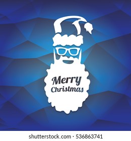 vector Santa claus with beard on blue polygonal background. Christmas hipster poster for party or greeting card. Santa Hipster Claus. vector merry christmas art design background.