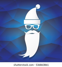 vector Santa claus with beard on blue polygonal background. Christmas hipster poster for party or greeting card. Santa Hipster Claus. vector merry christmas art design background.
