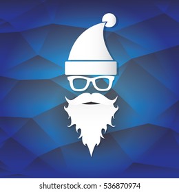 vector Santa claus with beard on blue polygonal background. Christmas hipster poster for party or greeting card. Santa Hipster Claus. vector merry christmas art design background.