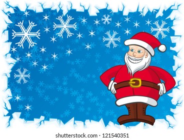 Vector Santa Claus with blue snow background and ice border