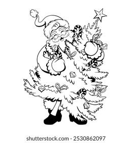 Vector Santa Claus Carrying Tree Christmas Cartoon Illustration Isolated