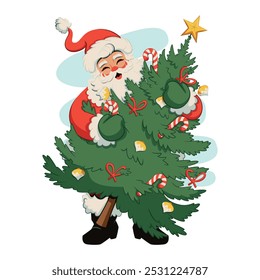 Vector Santa Claus Carrying Tree Christmas Cartoon Illustration Isolated