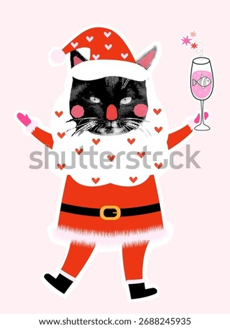 Vector Santa Claus Cat with A Glass of Champagne, Funny Holiday Animal Design for Greeting Cards