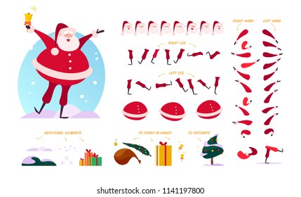 Vector Santa Claus character creator - different poses, gestures, emotions, holiday elements - snowflakes, fir tree, gift box & bag for Christmas designs, animation, web, banners isolated on white bg