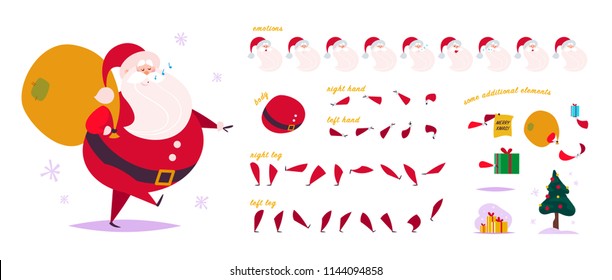 Vector Santa Claus character creator - different poses, gestures, emotions, holiday elements - snowflakes, fir tree, gift box & bag for Christmas designs, animation, web, banners isolated on white bg