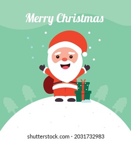 Vector santa claus christmas gifts in snow around.