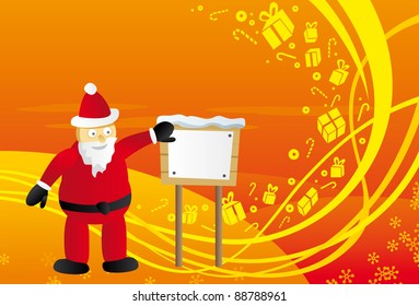 Vector Santa Claus with christmas message and orange gift wave background