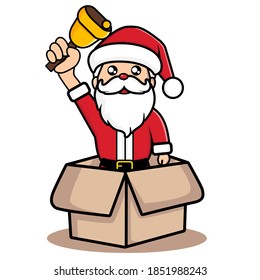 vector santa claus coming out of a cardboard box carrying a bell