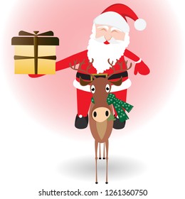 Vector Santa Claus, deer and gift