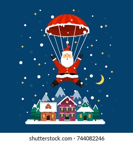  Vector Santa Claus. Santa Claus descends on a parachute on a night city.