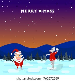 Vector Santa Claus, dodges the snowballs that the dog throws. Flat design. Post card.